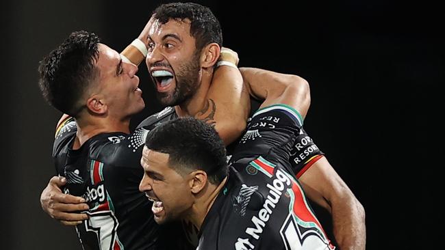 SYDNEY, AUSTRALIA - MAY 28: Alex Johnston of the Rabbitohs celebrates scoring a try during the round 12 NRL match between the South Sydney Rabbitohs and the Wests Tigers at Accor Stadium, on May 28, 2022, in Sydney, Australia. (Photo by Cameron Spencer/Getty Images)