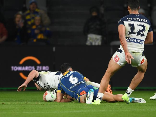 Dylan Brown produced one of the tries of the year, coming out of nowhere to stop Chad Townsend just metres out from the try-line. Picture: NRL Imagery.