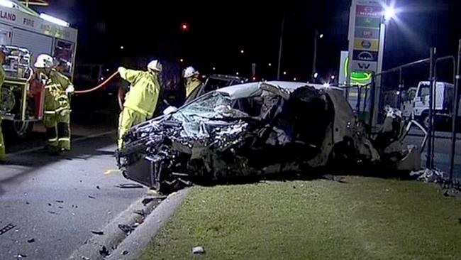 The scene of the fatal crash between a stolen car and truck. Picture: Channel 10