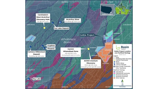 The Geikie Project in relation to nearby significant uranium occurrences. Picture: Basin Energy