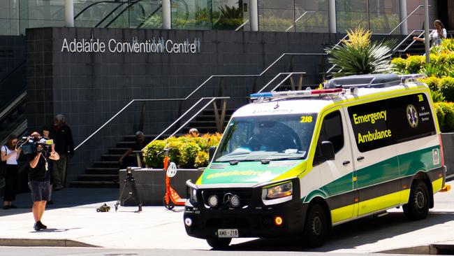 The ambulance carrying Dr Lomax-Smith leaves the Adelaide Convention Centre. Picture: The Advertiser/ Morgan Sette