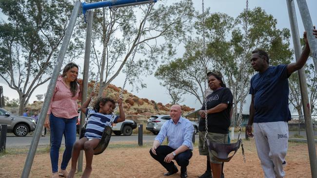 Opposition leader Peter Dutton pictured in Alice Springs, along with senator Jacinta Price (L), Mrs Kerry Pearce, Mr Curtis Haines (R) and their youngest son Damarie (C).