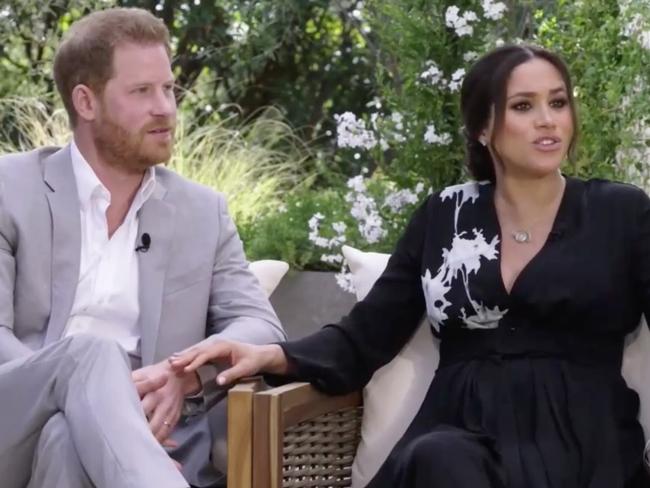 Harry and Meghan seen during interview with Oprah Winfrey. Picture: CBS