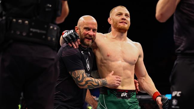 Jack Della Maddalena reacts after knocking out Ramazan Emeev. Picture: Yong Teck Lim/Getty Images