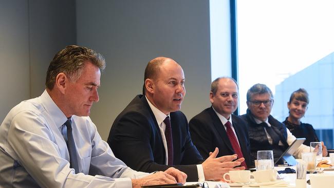 NAB CEO Ross McEwan, federal Treasurer Josh Frydenberg and Westpac Acting CEO Peter King are seen during a meeting with other banking executives in Sydney. Picture: Peter Braig