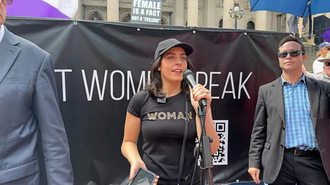 MP Moira Deeming addressing the rally in front of the Victorian parliament in March 2023. Picture: YouTube