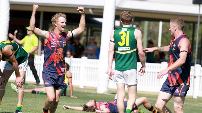 Gary Wallace celebrates a key victory in his milestone career for the Noosa Tigers. Picture: Craig Slaney Sports Photography.