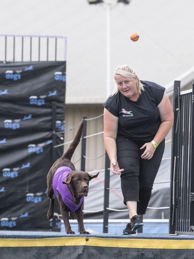 Lisa Waters and Aura compete in dock dogs. Toowoomba Royal Show. Saturday, April 1, 2023. Picture: Nev Madsen.