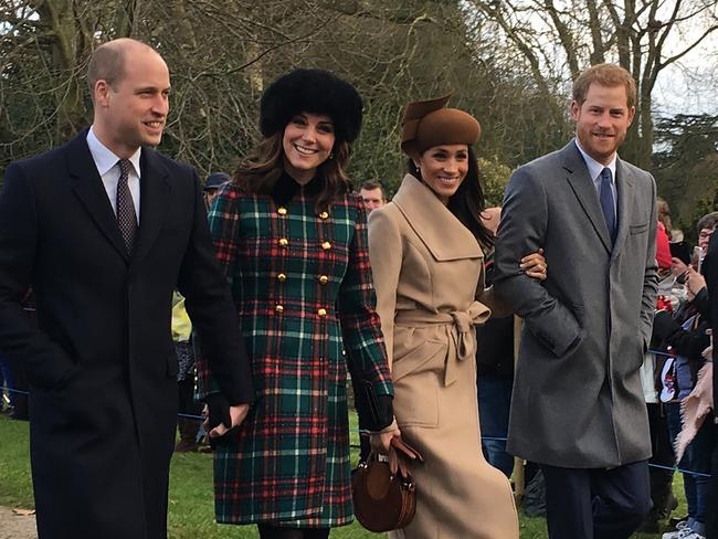 Will, Kate, Meghan and Harry attending the Christmas Day church service at St. Mary Magdalene Church on the Sandringham Estate last year. Picture: GoffPhotos.com