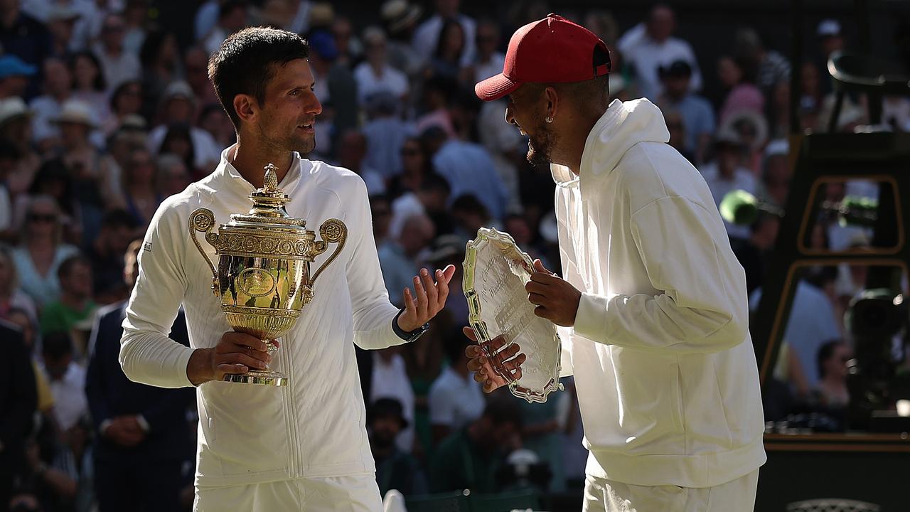 Novak Djokovic and Nick Kyrgios following their Men's Singles Final match on day fourteen of The Championships Wimbledon 2022. Picture: Julian Finney