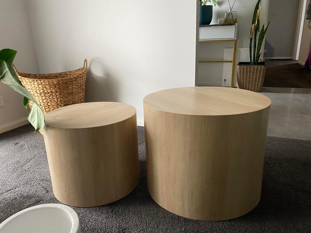 A Kmart shopper revealed it took her 12 months to think of her clever hack which involved flipping this oak side table set. Picture: Facebook/Kmart Inspired Homes