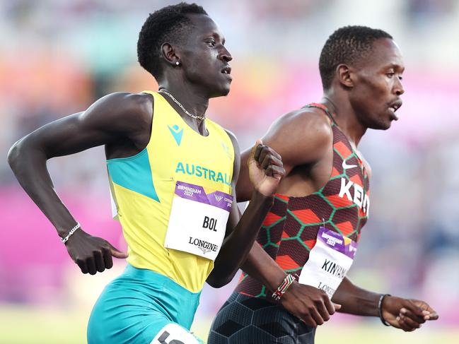 BIRMINGHAM 2022 COMMONWEALTH GAMES. 07/08/2022   .  Track and Field at Alexander Stadium.  Mens 800 mtr final . Australian Peter Bol and winner Wyclife Kinyamal with a lap to go . Picture: Michael Klein