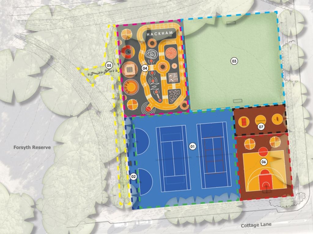 The hard courts at Forsyth Reserve in Hackham will receive a major redevelopment under a proposal to turn them into "an amazing" new play space. Picture: Onkaparinga Council