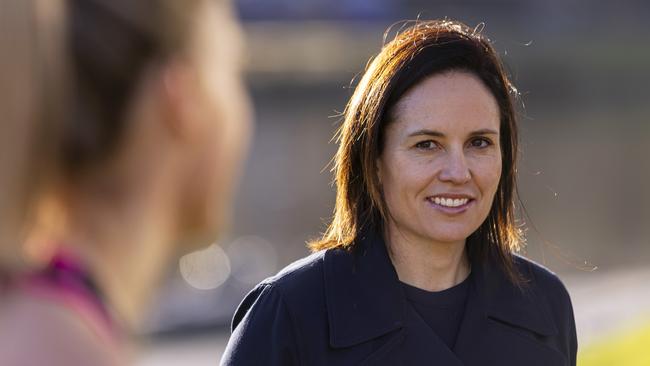 MELBOURNE, AUSTRALIA - JULY 07: Netball Australia CEO Kelly Ryan looks on whilst Hannah Petty of the Thunderbirds (L) speaks to the media during the 2023 Super Netball Grand Final Media Opportunity on July 07, 2023 in Melbourne, Australia. (Photo by Daniel Pockett/Getty Images)