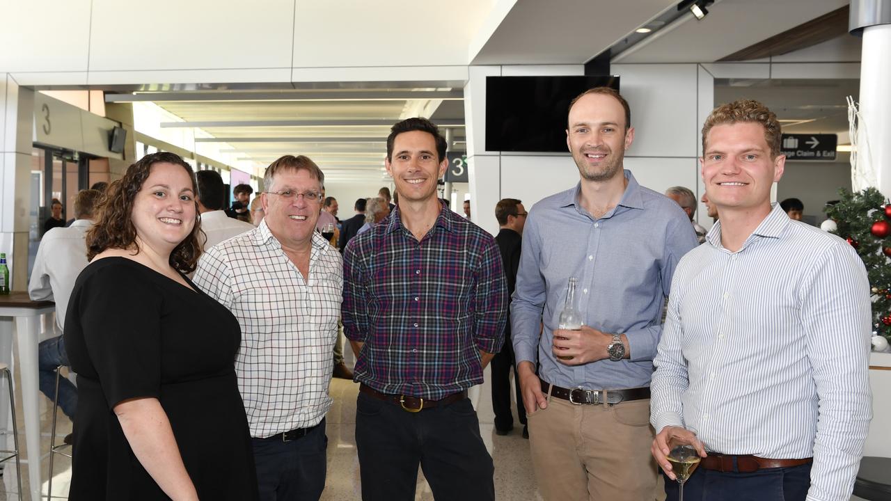 At the Future Toowoomba lunch are (from left) Bernadette McCormack, Grant Pendlebury, Lucas Talbot, Peter Sparksman and Jacob McVeigh at Wellcamp Airport, Friday, December 3, 2021. Picture: Kevin Farmer