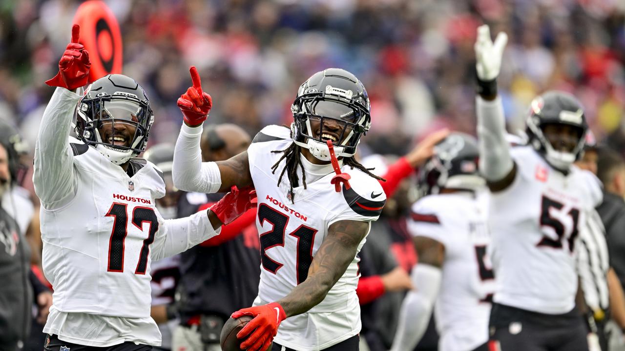 Calen Bullock (#21) of the Houston Texans celebrates after a fumble recovery against the New England Patriots during Week 6. Picture: Maddie Malhotra/Getty Images