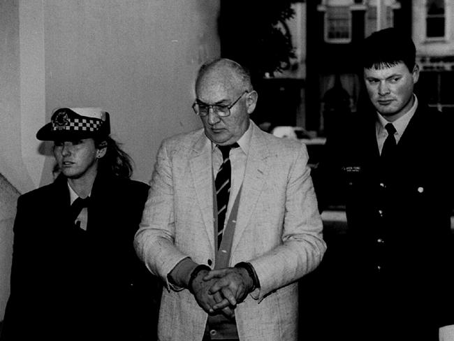 Gerald Francis Risdale is led into Melbourne County Court to face charges of sexual abuse of altar boys & other young victims in 1994. Picture: Gerald Ridsdale.