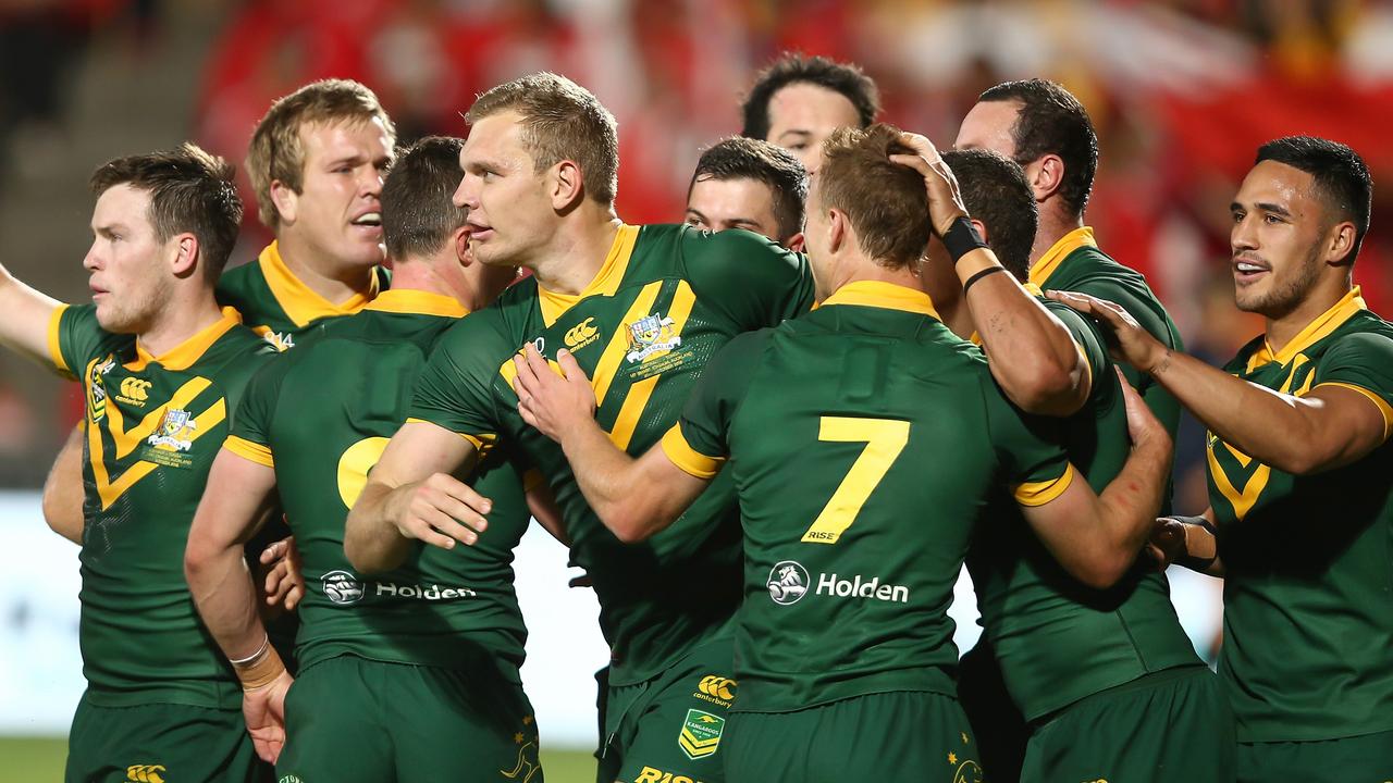 The Kangaroos have won their inaugural Test with Tonga. (AAP Image/David Rowland)