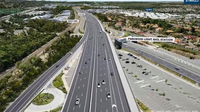 Artist's impression - Coomera Connector approaching Parkwood light rail station.