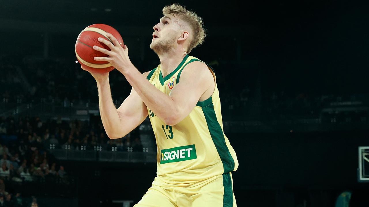 MELBOURNE, AUSTRALIA - AUGUST 17: Jock Landale of Australia drives to the basket during the match between the Australian Boomers and South Sudan at Rod Laver Arena on August 17, 2023 in Melbourne, Australia. (Photo by Kelly Defina/Getty Images)