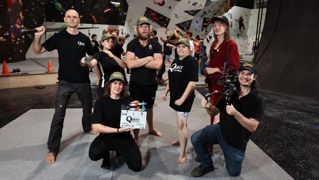 Cairns filmmakers and actors have begun filming local production Quest: A Hero Within. Production crew Vsselin Petkov, Elleni Geena Adams, Andre Scholz, Sam Evans, Lucrezia Cecchi, Keziah Warren and Nicholas Brack are set to start the actors on stunt training and swordsmanship at Defy Gravity gym and training centre. Picture: Brendan Radke