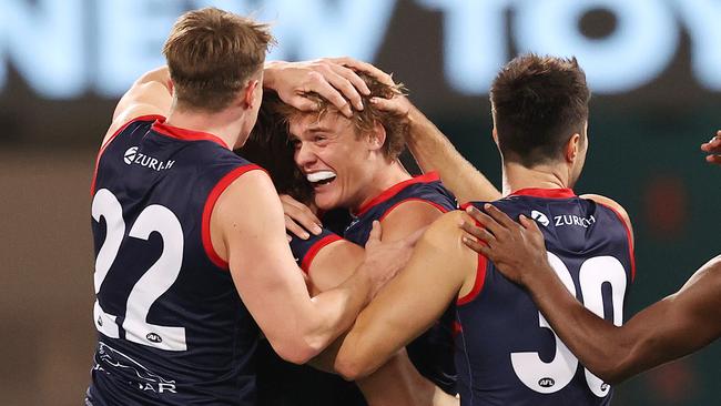 Trent Rivers celebrates his goal in the third quarter against GWS. Picture: Michael Klein