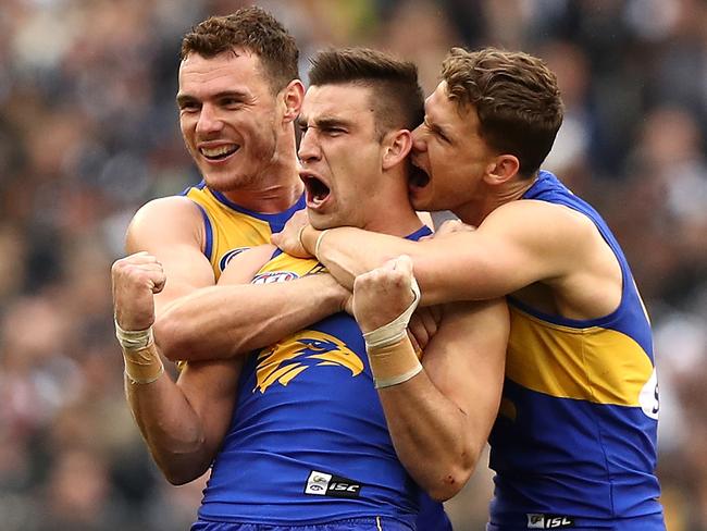 MELBOURNE, VICTORIA - SEPTEMBER 29: Elliot Yeo of the Eagles celebrates a goal during the 2018 AFL Grand Final match between the Collingwood Magpies and the West Coast Eagles at Melbourne Cricket Ground on September 29, 2018 in Melbourne, Australia. (Photo by Ryan Pierse/AFL Media/Getty Images)