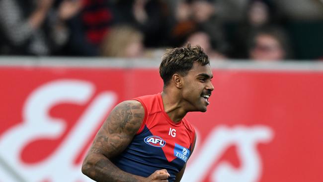 HOBART, AUSTRALIA - AUGUST 06: Kysaiah Pickett of the Demons celebrates a goal  during the round 21 AFL match between North Melbourne Kangaroos and Melbourne Demons at Blundstone Arena, on August 06, 2023, in Hobart, Australia. (Photo by Steve Bell/Getty Images)