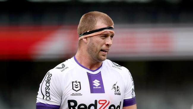 GEELONG, AUSTRALIA – FEBRUARY 12: Christian Welch of the Storm looks on during the NRL Trial match between Melbourne Storm and Sydney Roosters at GMHBA Stadium on February 12, 2023 in Geelong, Australia. (Photo by Kelly Defina/Getty Images)