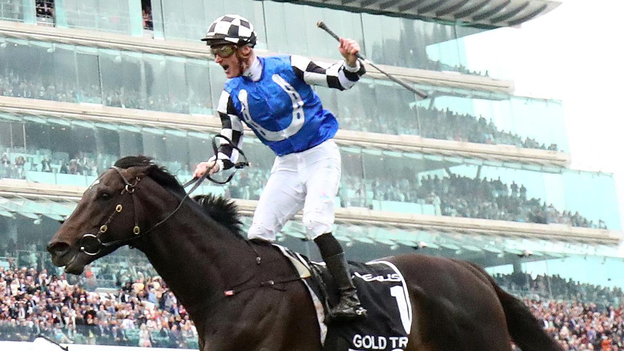 MELBOURNE, AUSTRALIA - NOVEMBER 01: Mark Zahra rides #1 Gold Trip to win race seven the Lexus Melbourne Cup during 2022 Lexus Melbourne Cup Day at Flemington Racecourse on November 01, 2022 in Melbourne, Australia. (Photo by Robert Cianflone/Getty Images)