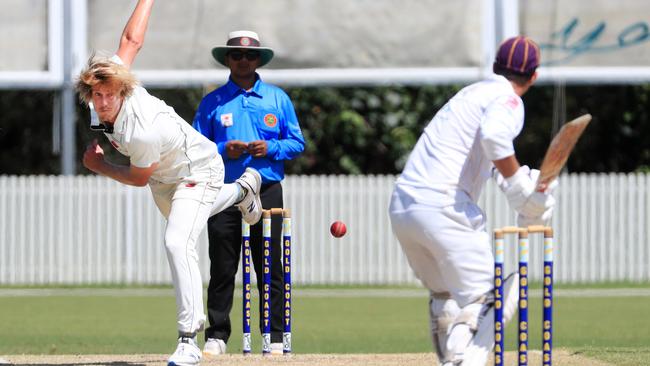 Mudgeeraba Nerang &amp; Districts Cricket Club fast bowler Mackenzie Barclay in action from the day 1 of the Kookaburra Cup Grand Final 2021. Picture Scott Powick Newscorp