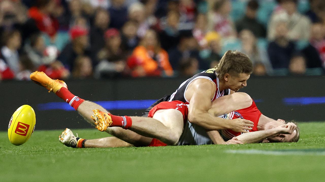 St Kilda's Dan Butler tackle on Sydney's Nick Blakey during the AFL Round 13 Pride Game match between the Sydney Swans and St. Kilda Saints at the SCG on June 8, 2023. Photo by Phil Hillyard (Image Supplied for Editorial Use only – **NO ON SALES** – Â©Phil Hillyard )