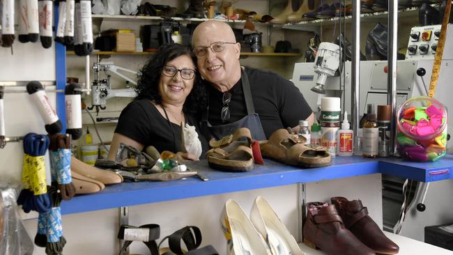 Classic Shoe Repairs proprietor Massimo Sassi with his wife Carmel in their store in Grenfell St. Picture: Naomi Jellicoe