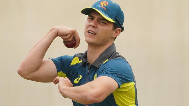 SYDNEY, AUSTRALIA - JANUARY 01: Mitchell Swepson bowls during an Australian Test team training session at the Sydney Cricket Ground on January 01, 2020 in Sydney, Australia. (Photo by Mark Evans/Getty Images)