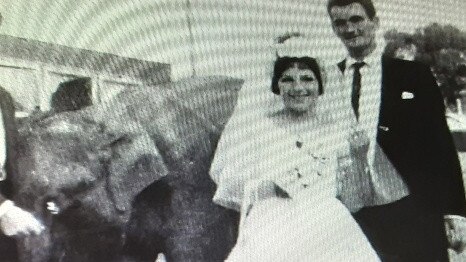 Circus icon Bernice and Robert Perry on their wedding day with an elephant as their bridesmaid. Picture: Supplied.