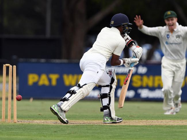 Timber: Nilo Perera has his off-stump tilted back.