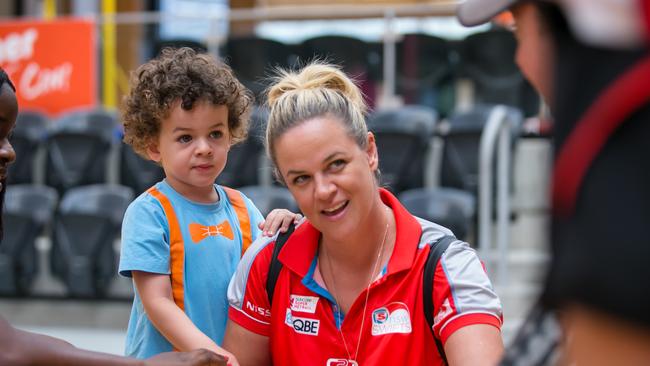 Swifts coach Briony Akle with her youngest son. Pic: Narelle Spangher.