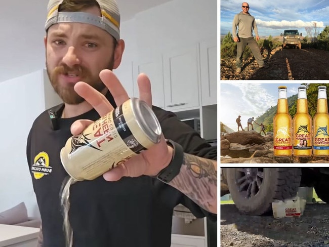 Social media personality Marcus Sutherland tips a Great Northern beer down the sink, while a carton is run over in protest, after the beer brewer waded into the national parks debate.