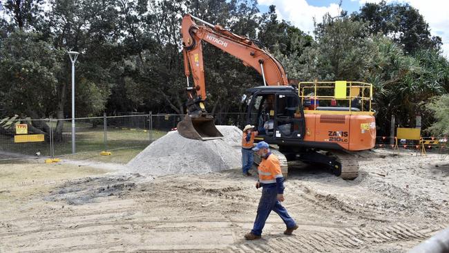 Contractors for Crown Land continued sanding efforts to avoid further erosion at Clarkes Beach, Byron Bay, on Monday.