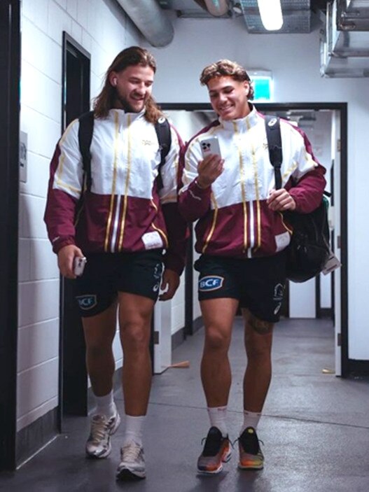 Patrick Carrigan and Reece Walsh rocking the retro tracksuit tops. Picture: Instagram