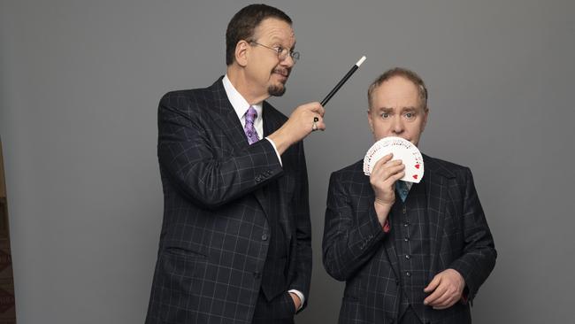 American magic performers Penn &amp; Teller, photographed on a film set in 2019 while recording for online education platform MasterClass. L-R: Penn Jillette, Teller. Picture: MasterClass / supplied