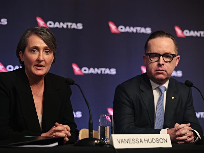 (LR) Qantas CFO Vanessa Hudson and Qantas CEO Alan Joyce speaking at their Half Yearly results on the 20th of February 2020. Photographer: Adam Yip