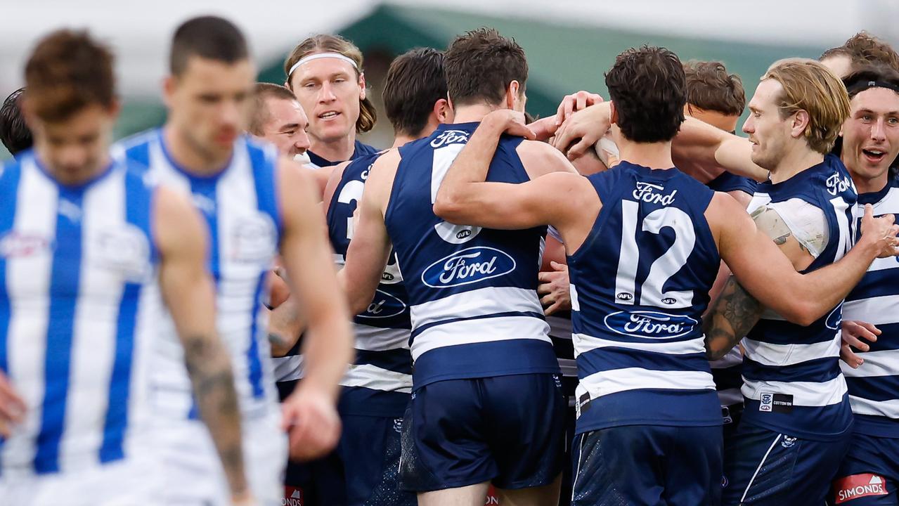 HOBART, AUSTRALIA - JULY 27: The Cats celebrate a goal during the 2024 AFL Round 20 match between the North Melbourne Kangaroos and the Geelong Cats at Blundstone Arena on July 27, 2024 in Hobart, Australia. (Photo by Dylan Burns/AFL Photos via Getty Images)