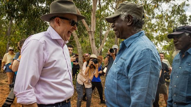 Anthony Albanese meets with Yolngu elder Djawa Yunupingu at the Garma festival on Friday. Picture: Getty Images