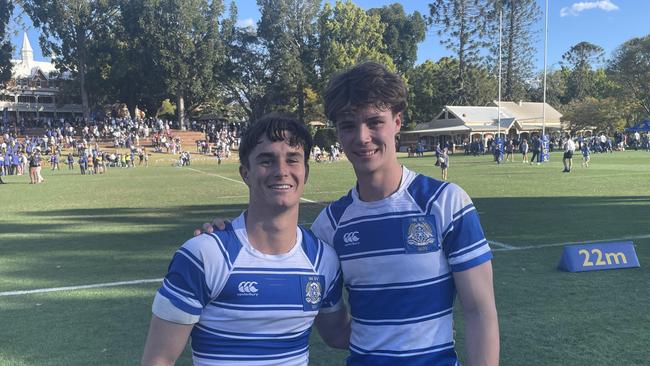 Nudgee halfback Samuel Watson with fullback Jacob Johnson who put in an exhaustive performance.