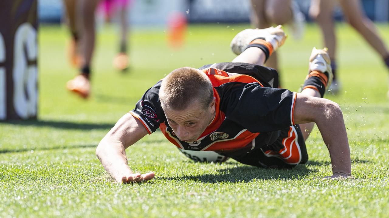 Nate Goulding gets a try for Southern Suburbs against Dalby Devils in U14 boys Toowoomba Junior Rugby League grand final at Toowoomba Sports Ground, Saturday, September 7, 2024. Picture: Kevin Farmer