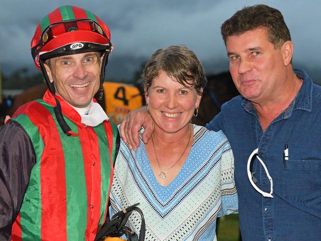 Justin Stanley, Diane Murphy and Jack Pakis. after peacock's win in the Rockhampton Newmarket. Picture: Taron Clarke