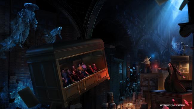 The first-of-its-kind ride will take you through the Battle of the Ministry in a story set after Harry defeated Voldemort. Photo: Universal Epic Universe