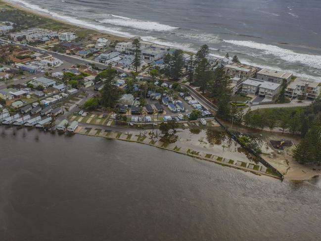 Aerial drone shots of flooding at The Entrance. Picture: @photoslog