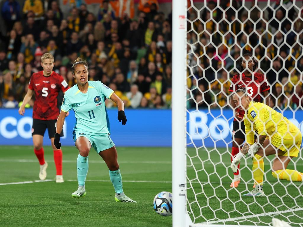 Mary Fowler scores to put the result beyond doubt. Picture: Cameron Spencer/Getty Images